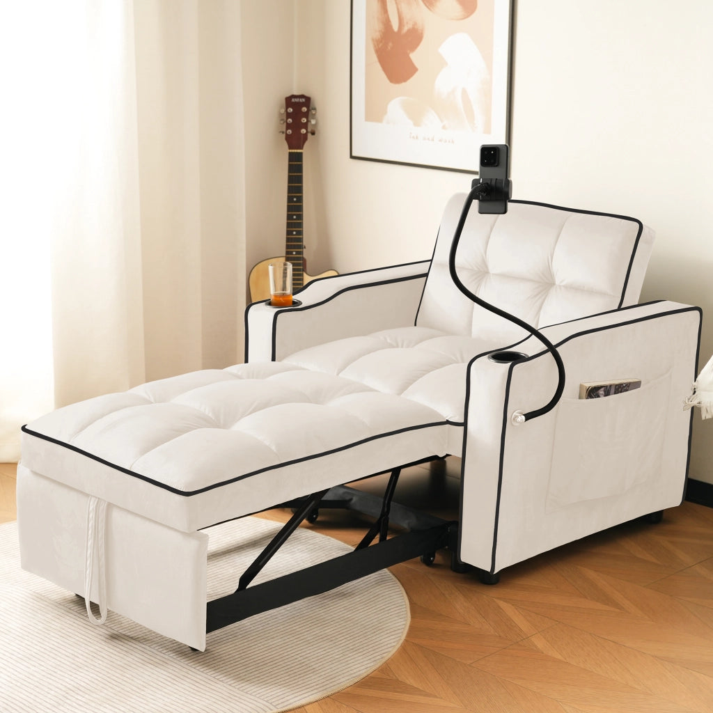 OKWISH Poltrona Letto Convertibile 3 in 1 con Schienale Regolabile Portabicchieri Supporto per Telefono Tasca Laterale Velluto Beige