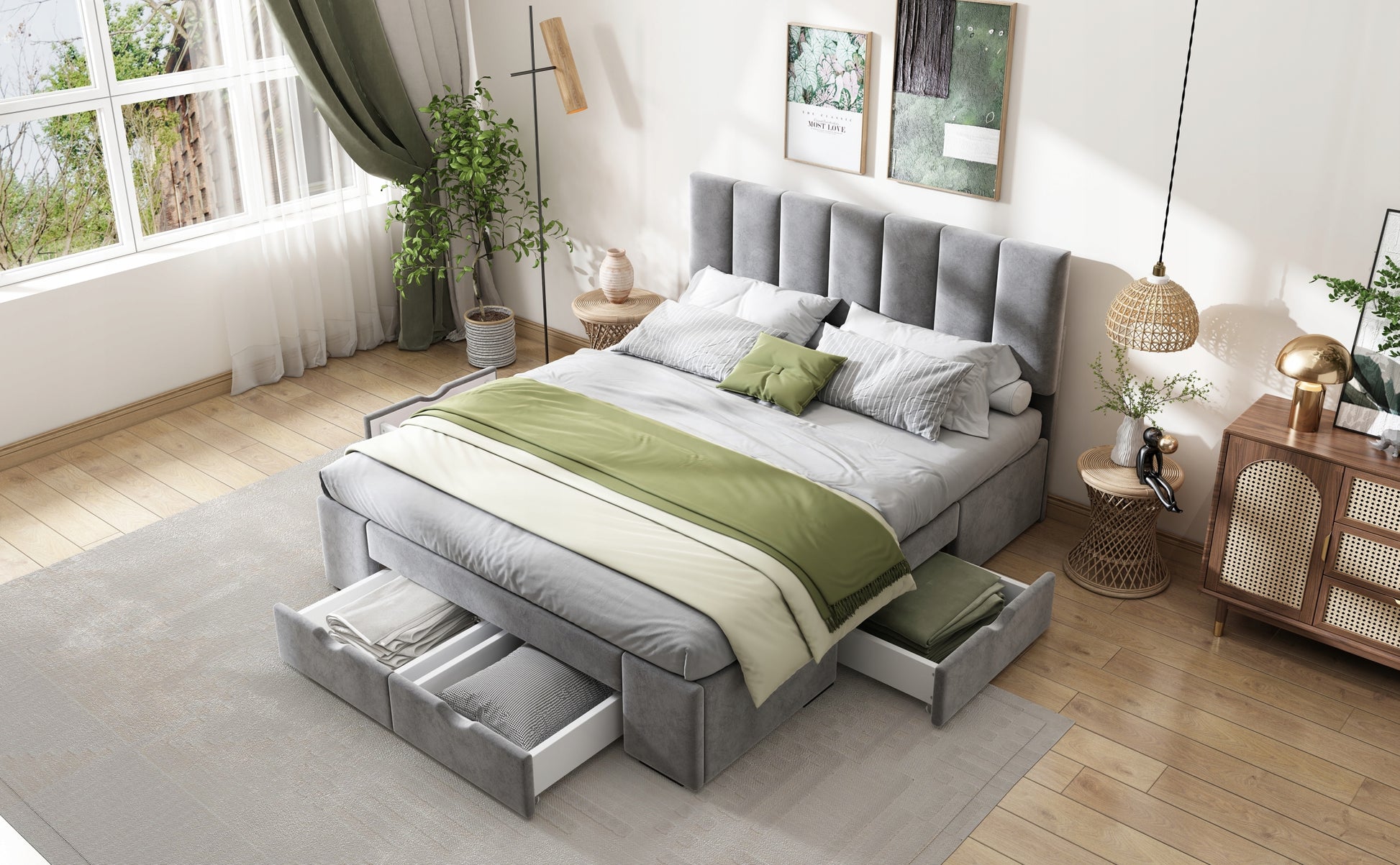 Letto matrimoniale 140x200cm - Xylo - Velluto, 4 cassetti, struttura, grigio