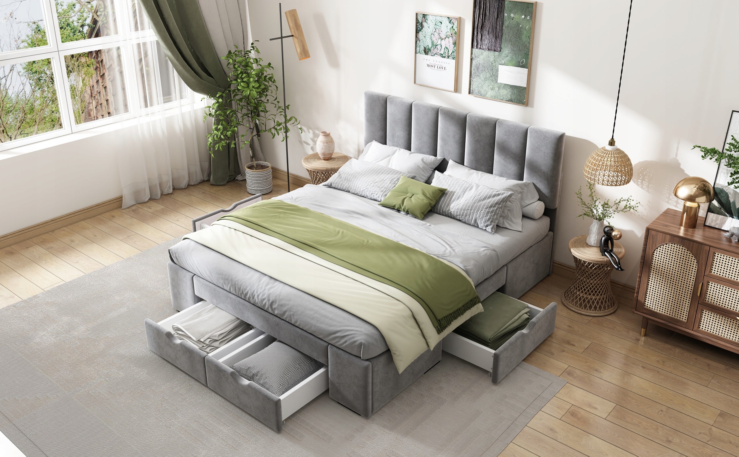 Letto matrimoniale 140x200cm - Xylo - Velluto, 4 cassetti, struttura, grigio