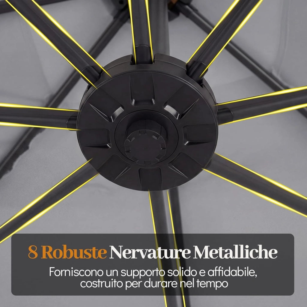 Ombrellone da Giardino 250 cm, Tettuccio Girevole e Ventilato | Protezione Solare, Resistente, Portatile, Sacchi di Sabbia, per Balcone, Esterno, Spiaggia (Grigio, 0 Luce LED)
