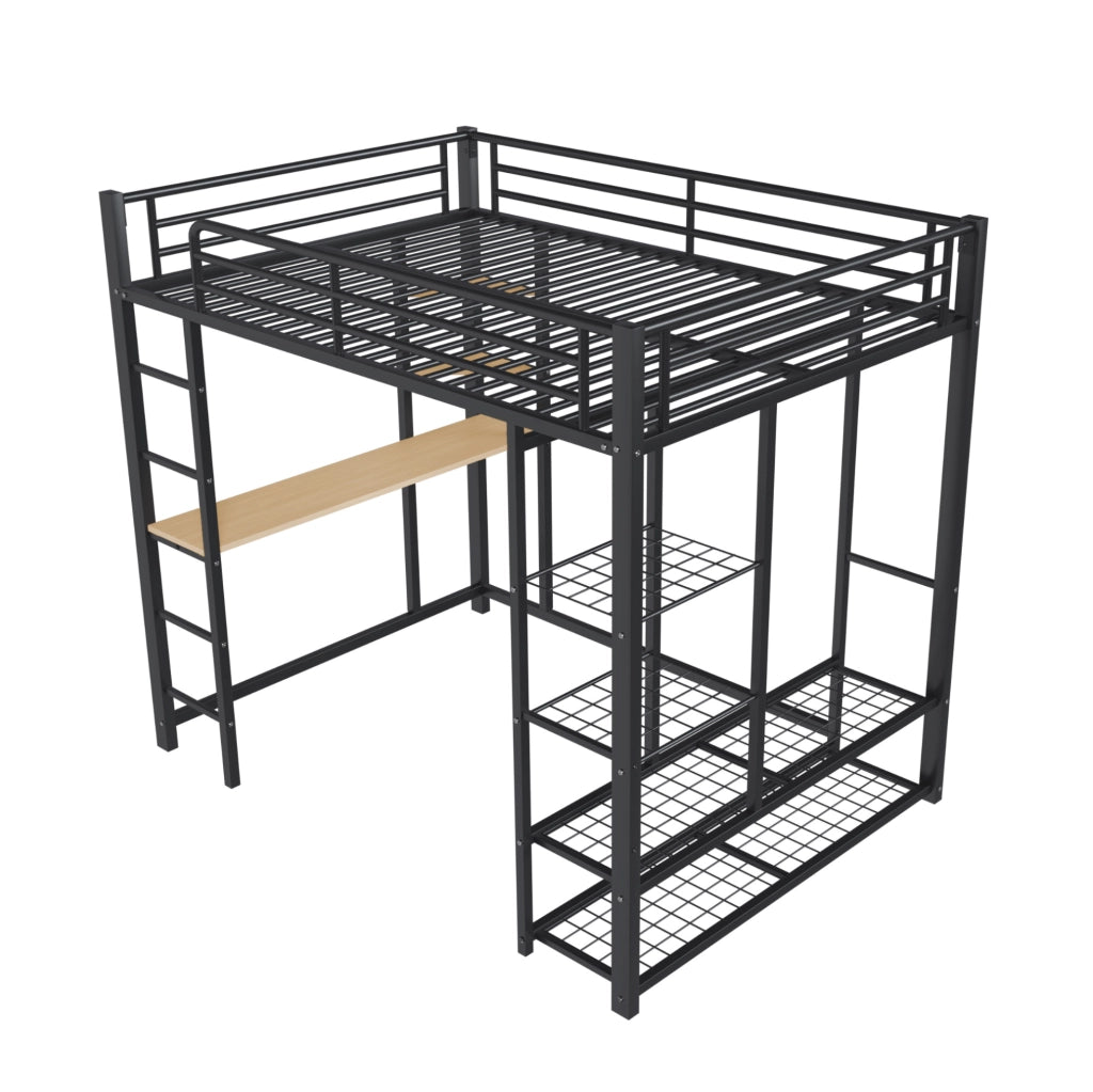 Letto a soppalco in metallo 140x200 cm con scrivania; armadio e ripiani; nero