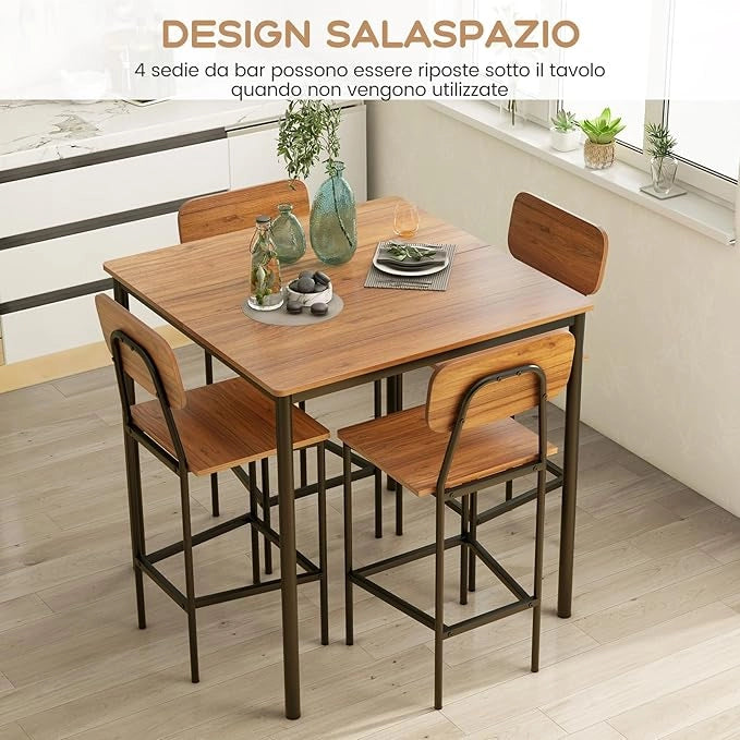 Set 5 Pezzi Tavolo da Pranzo, 1 Tavolo Rettangolare e 4 Sedie con Poggiapiedi, Set di Tavolo da Pranzo Salvaspazio per Casa Ristorante Bar (Noce)