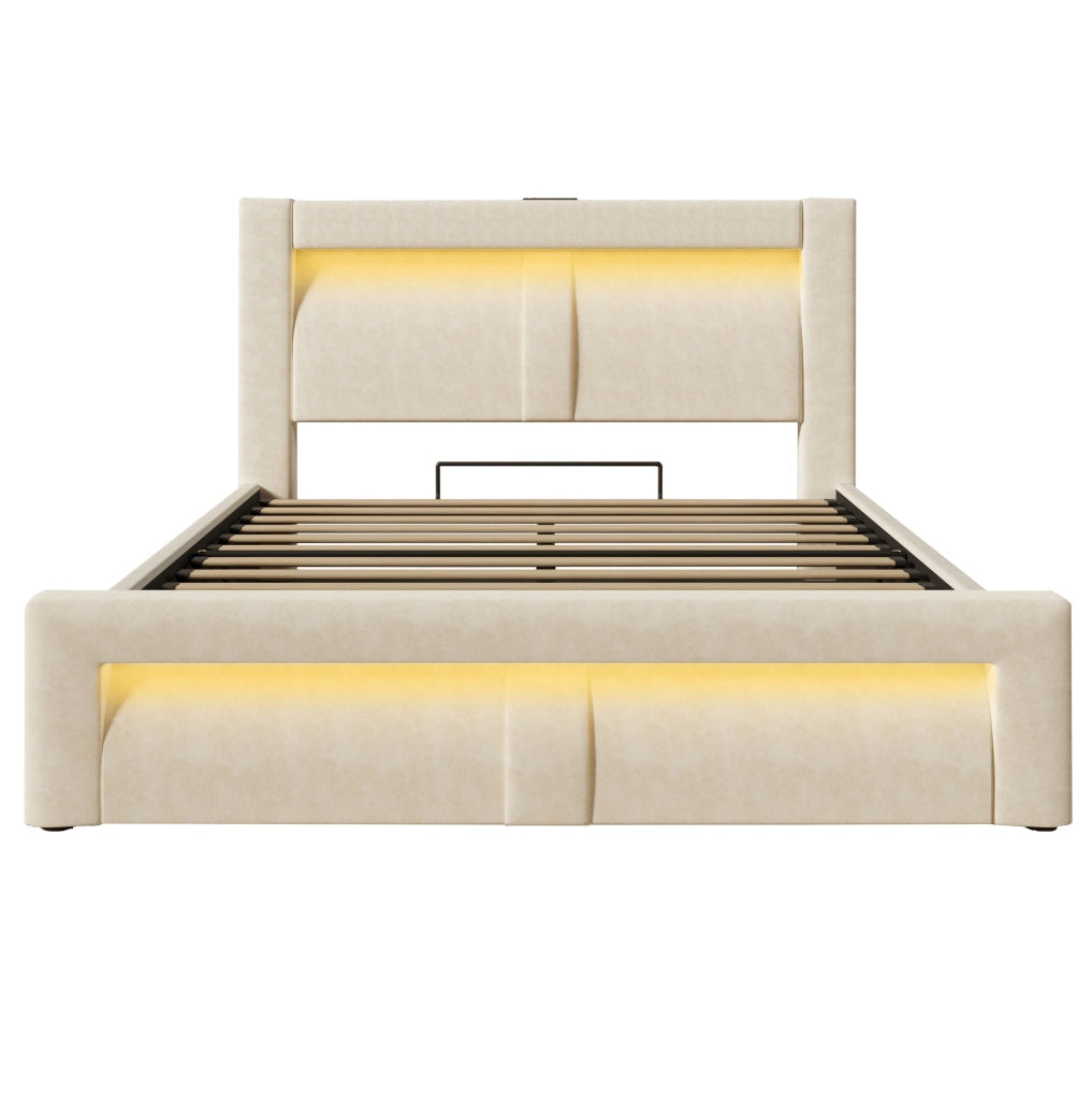 Letto matrimoniale 160x200 cm con contenitore; LED; porte USB e Type-C; velluto beige