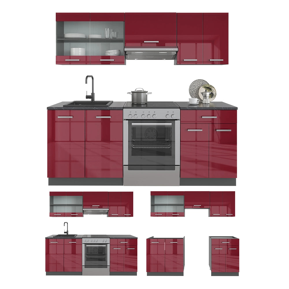 Vicco Cucina componibile Rosso lucido/antracite 200 cm , PL Rovere