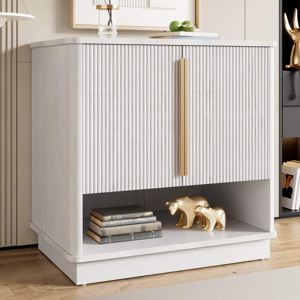Mobile Scarpiera con 2 Ante e Vano a Giorno; Maniglie Dorate; Moderno; in MDF; Bianco Effetto Legno; 60×40×61 cm