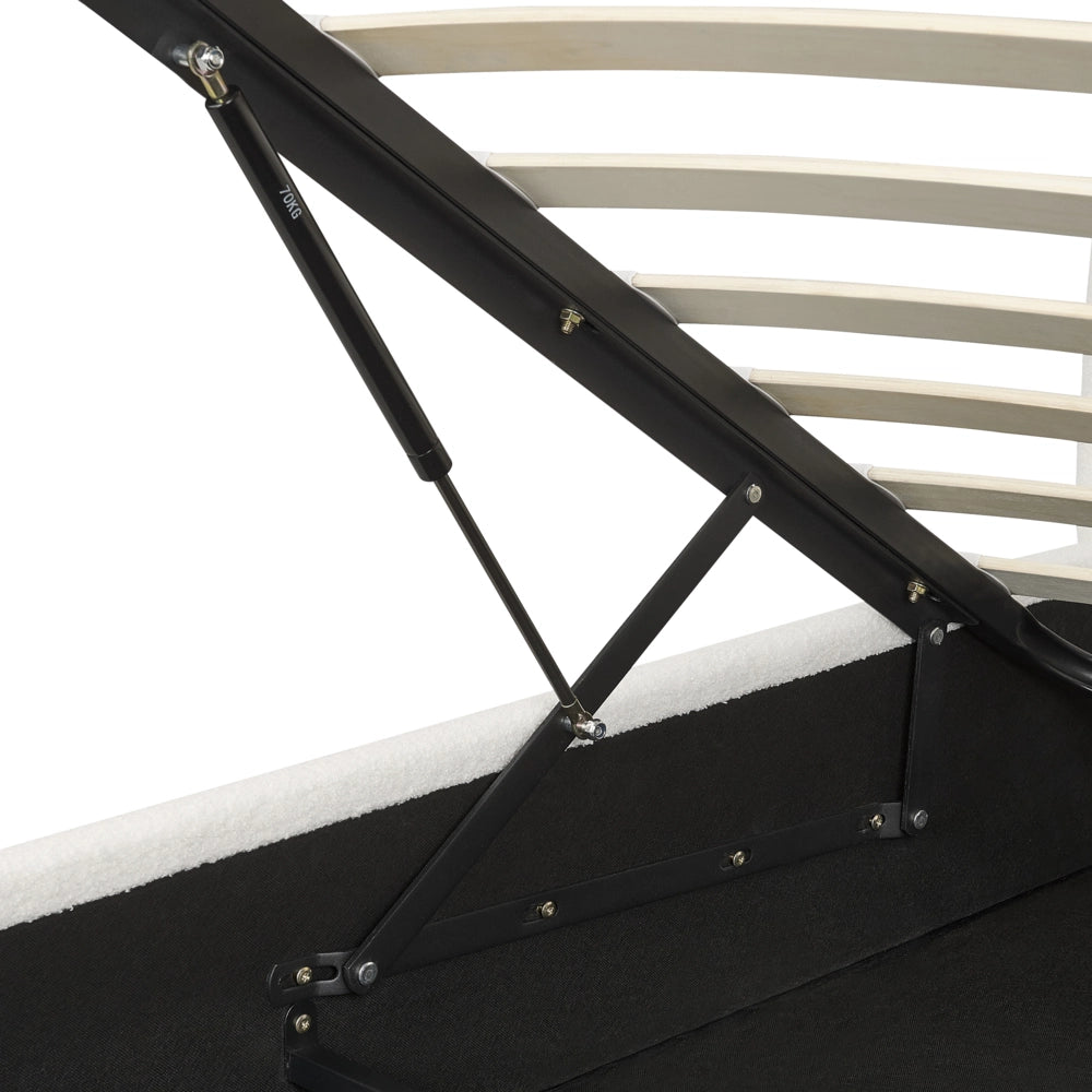 Letto con rivestimento in bouclé bianco sporco UE King Size 160x200cm Grande testata classica contenitore Doghe in legno