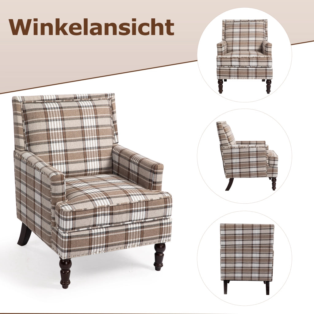POLTRONA Imbottita 74x66x43,5 cm in Tessuto Cotone Lino Marrone e Bianco