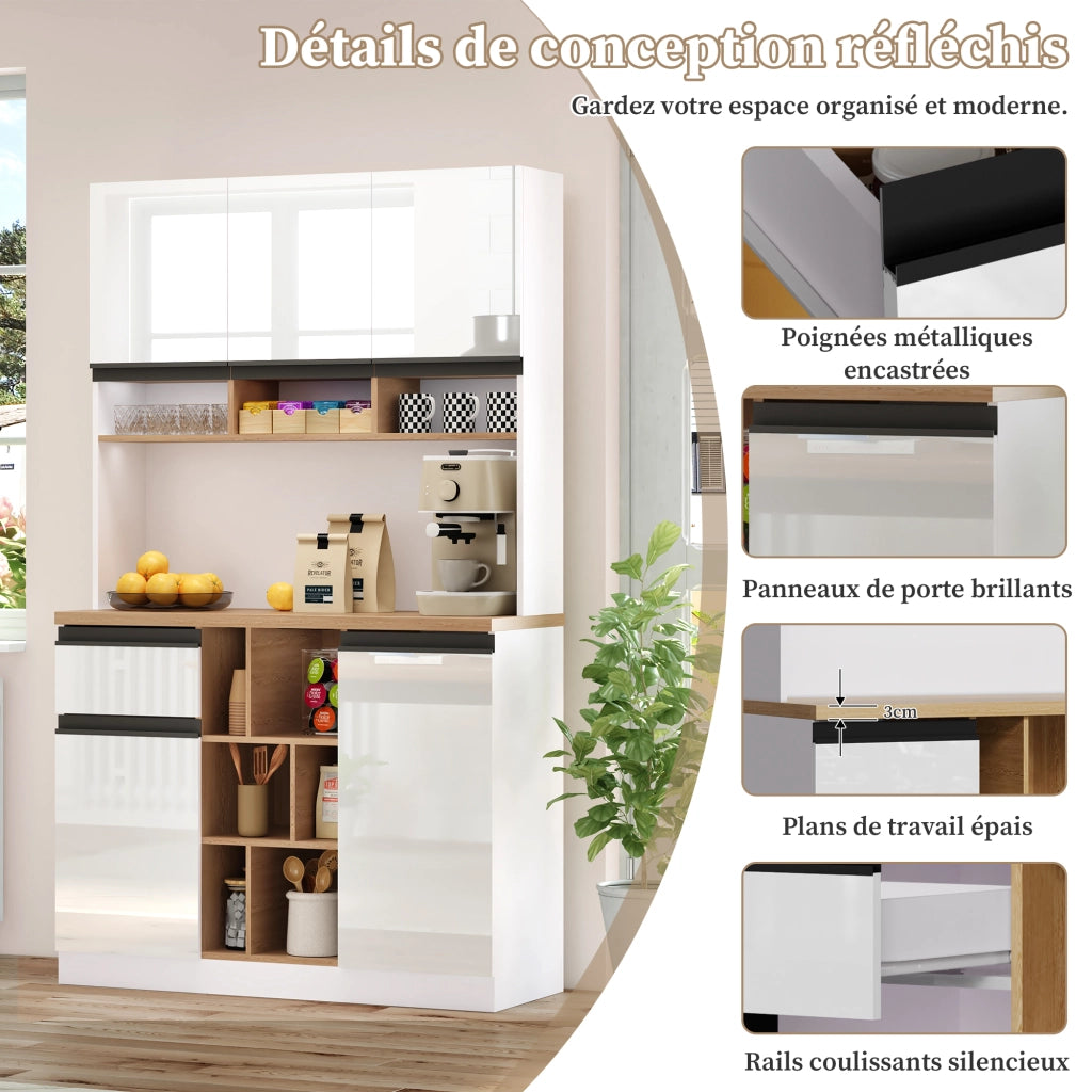 Credenza da Cucina Alta con 2 Ante; 1 Cassetto; Vani Aperti e Ripiani Regolabili; in MDF; 105x45x185 cm; Bianco