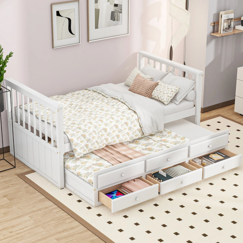 Letto singolo con estrazione e tre cassetti in pino bianco 90x200 cm
