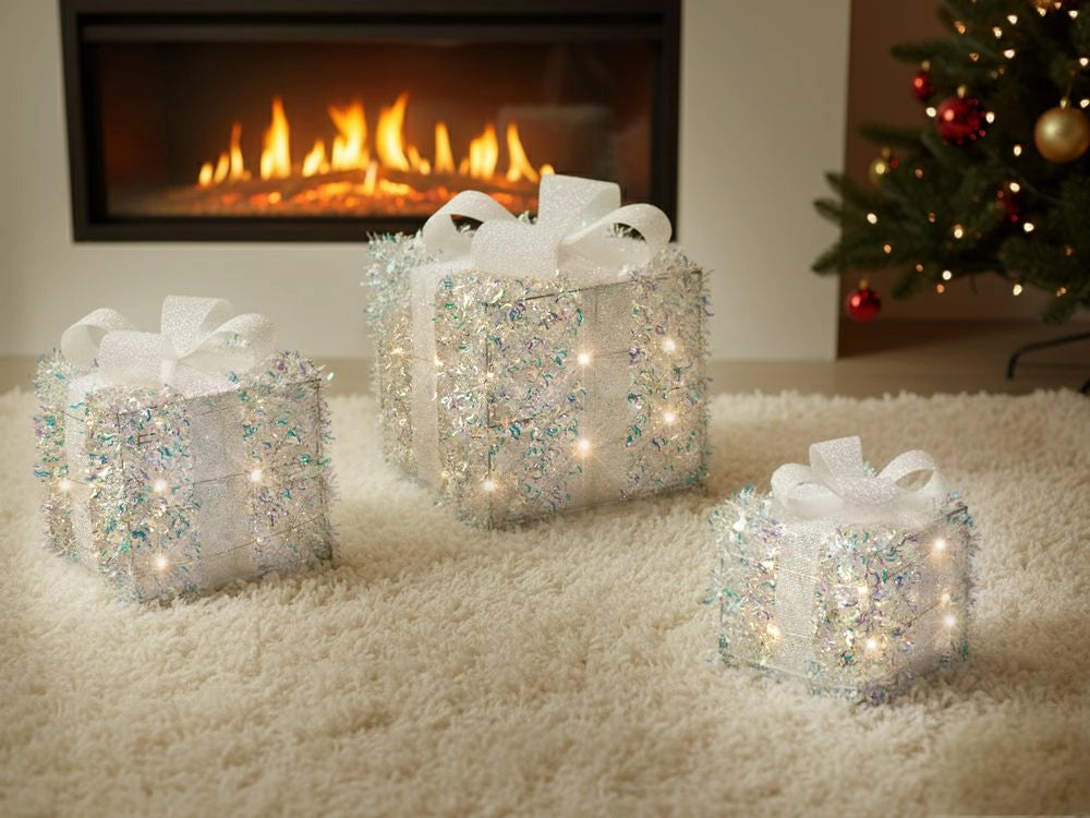 Set di 3 scatole regalo natalizie luminose multicolori con luci LED Decorazioni natalizie glitterate con fiocchi per uso interno