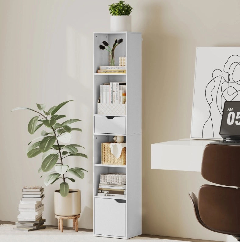 Libreria stretta bianca con cassetto, anta e ripiano regolabile