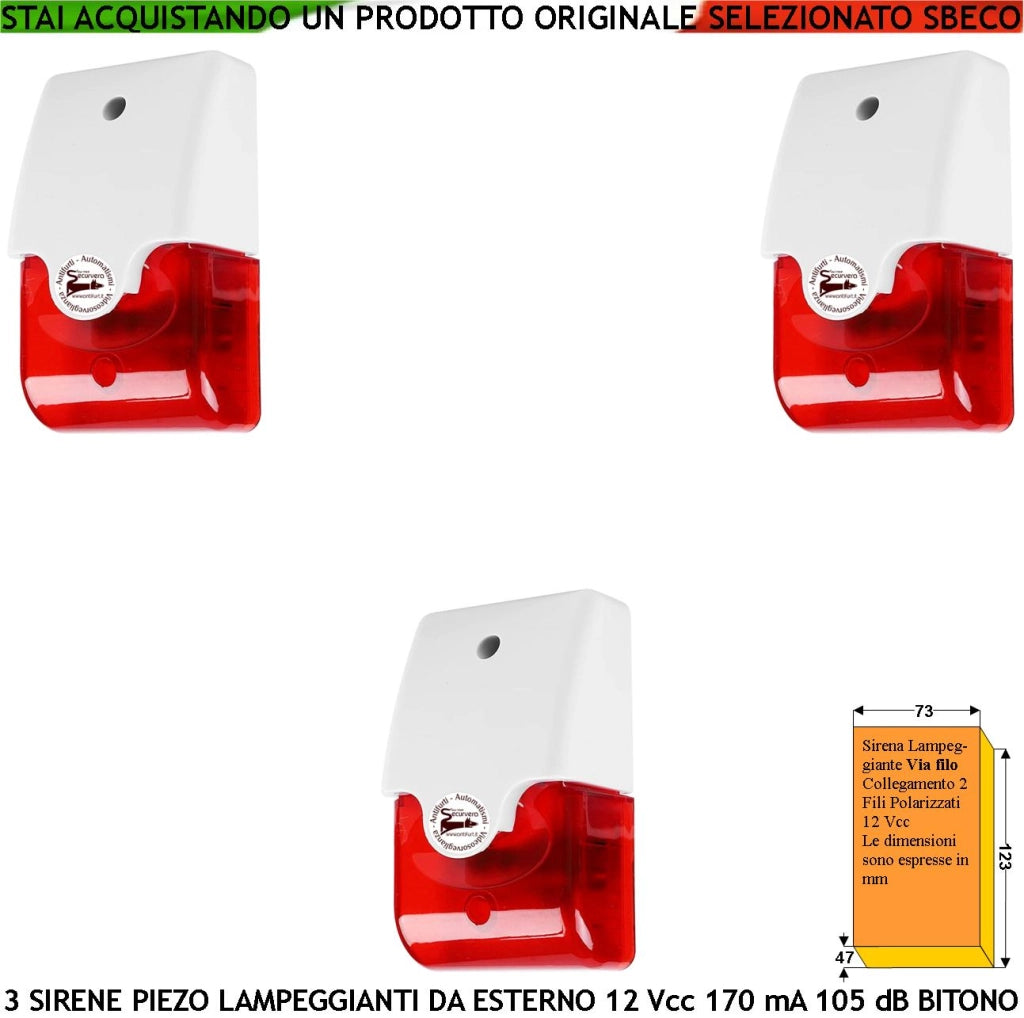 Sirena Allarme Lampeggiante 3 Pezzi con Diffusore Piezoelettrico Melodia Bitono da 1500/4000 Hz 105 dB Alimentazione 12 Vcc Assorbimento 170 mA 2 Fili Polarizzati Contenitore ABS Interno Esterno IP44