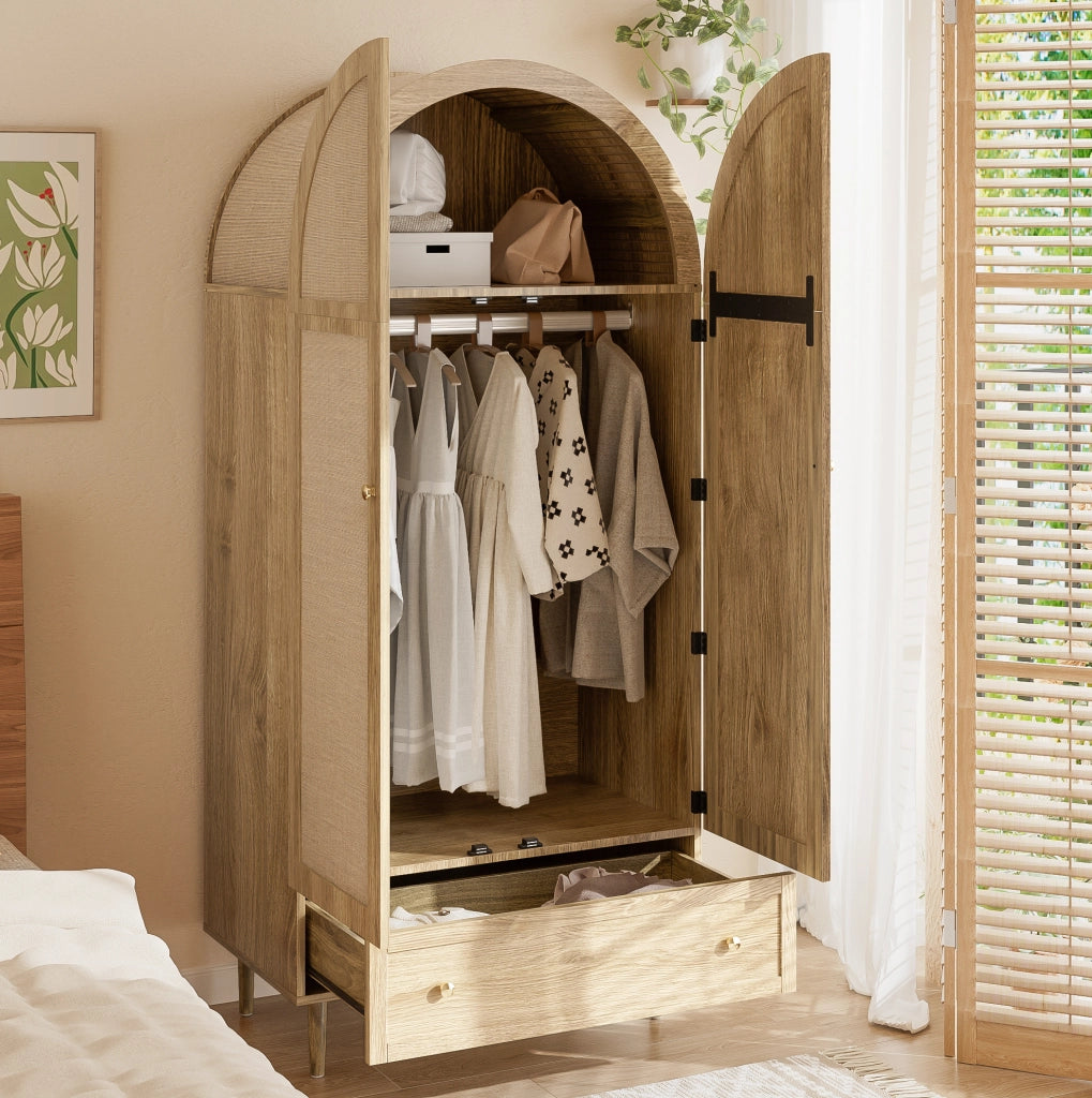 Armadio guardaroba 79x50x175 cm con cassetti e ante in tessuto, in MDF rovere