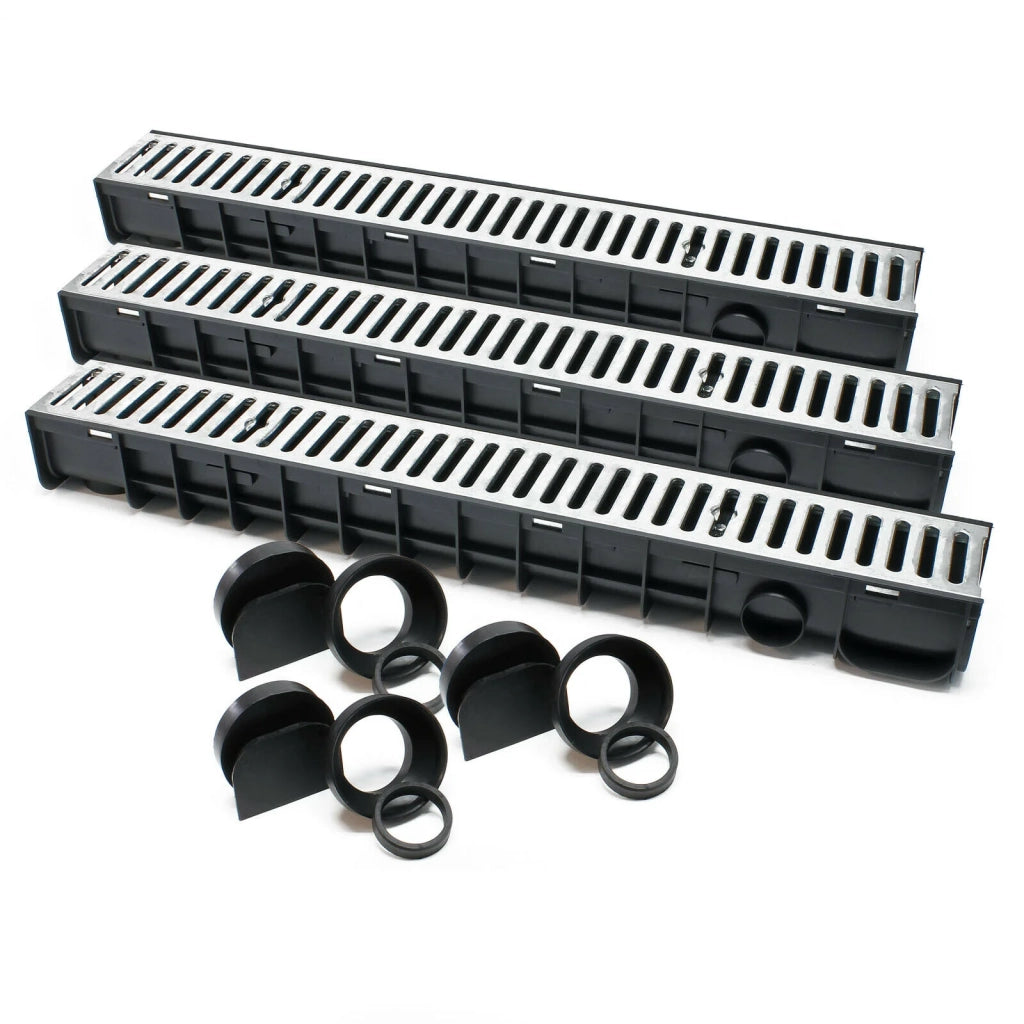 Set di 3 canali di drenaggio a griglia da 1 m copertura in ghisa da 1,5 tonnellate drenaggio delle acque reflue 16_0001699