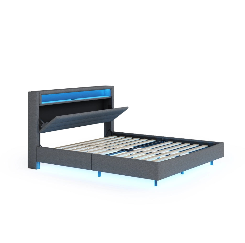 Letto imbottito matrimoniale 140x200 cm con USB; LED e testiera contenitore grigio