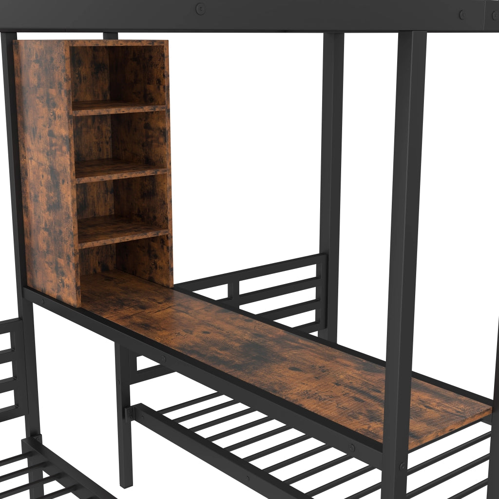 Letto a Castello 140×200 cm e 90×200 cm; 3 Posti con 2 Cassetti; Vani e Scaffali; senza Materasso; Nero