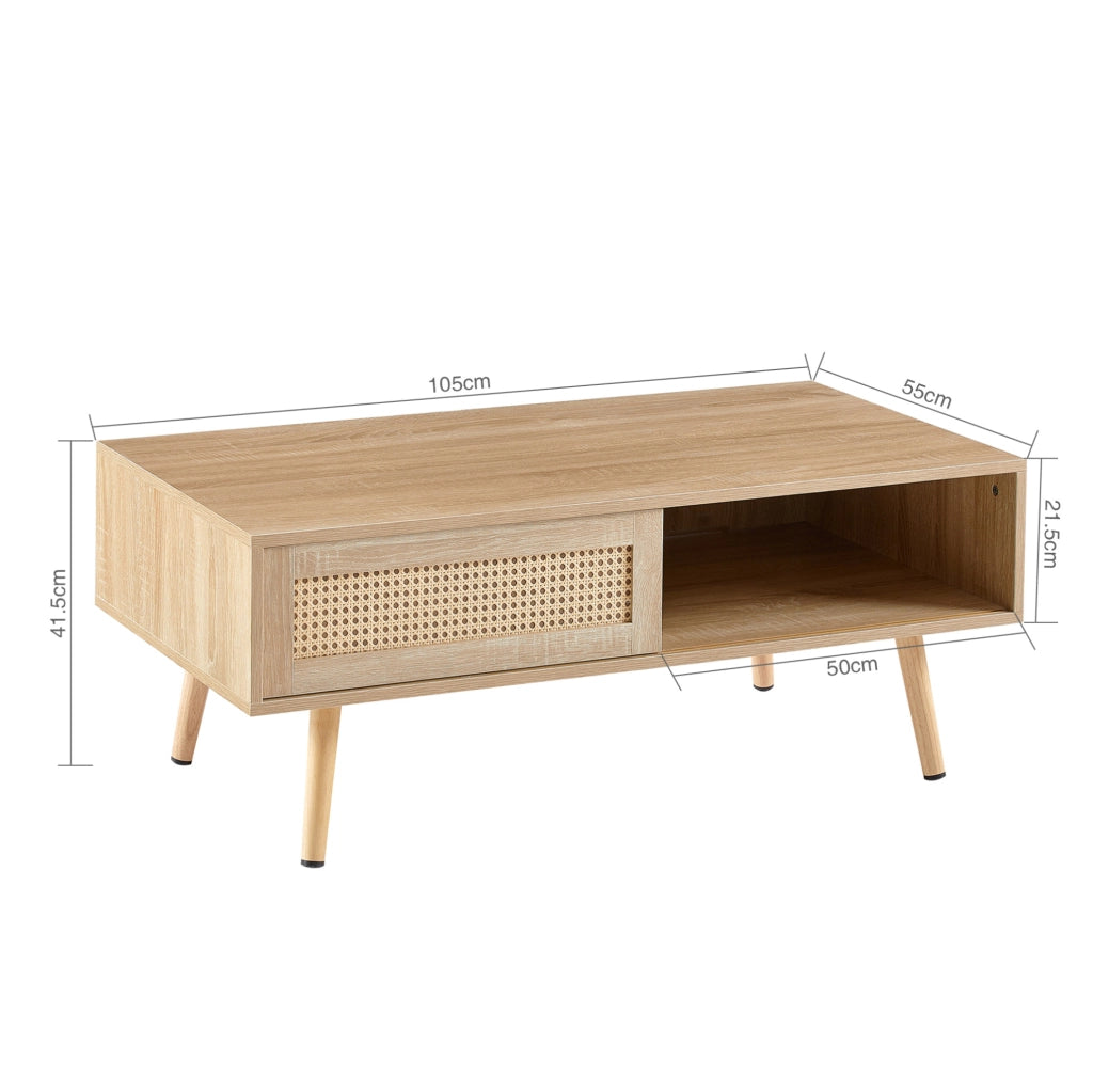 Tavolino da caffè con porta scorrevole; gambe in legno; effetto rattan; MDF; naturale