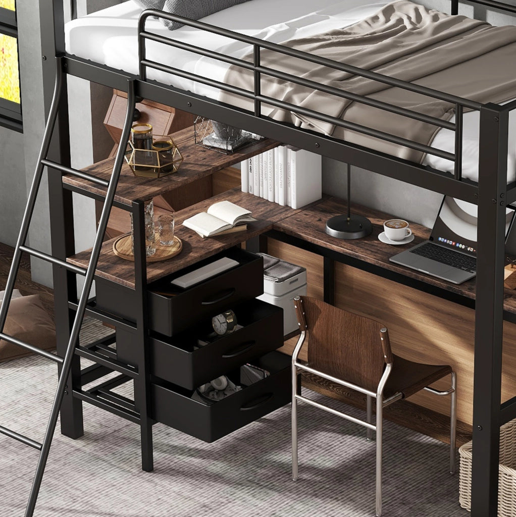 Letto a soppalco in metallo 90x200 cm con scrivania da 2 m, 3 cassetti e scala