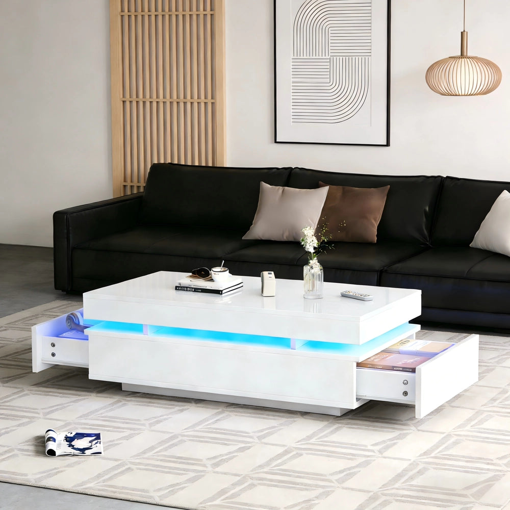 Tavolino da Caff¨¨ con 2 Cassetti e LED ¨C MINIMAL ¨C Bianco Lucido 100x50x35