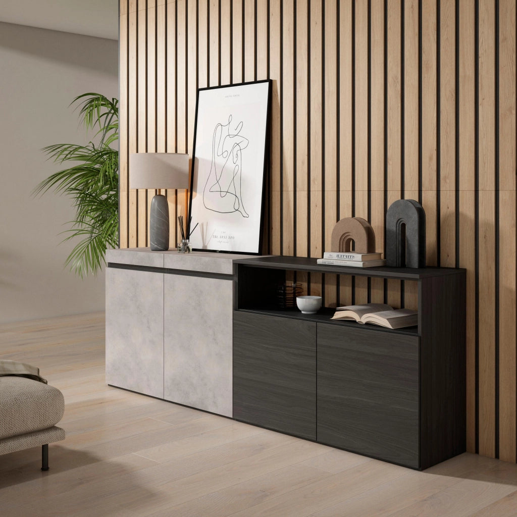 Credenza, Mobile, 200x35x75cm, 4 Porte, grande stoccaggio, grigio cemento RF2411