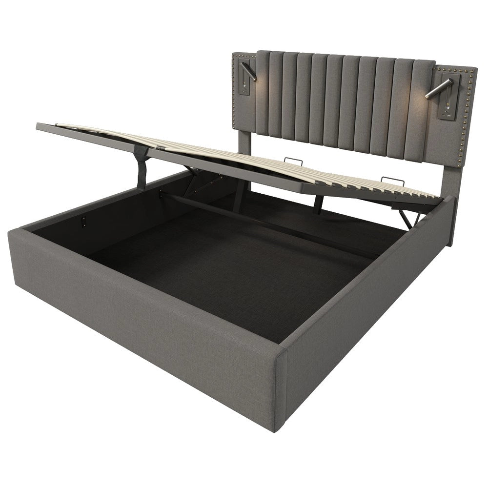 Letto Imbottito Matrimoniale Contenitore con Luce LED e USB ¨C Xylo ¨C Grigio 180x200