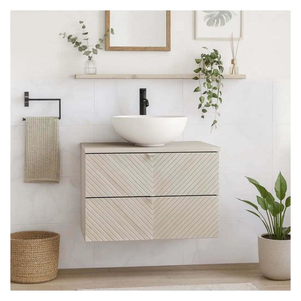 Set da bagno AOKI: mobile sotto lavabo 80cm + piano lavabo + lavabo rotondo bianco da appoggio