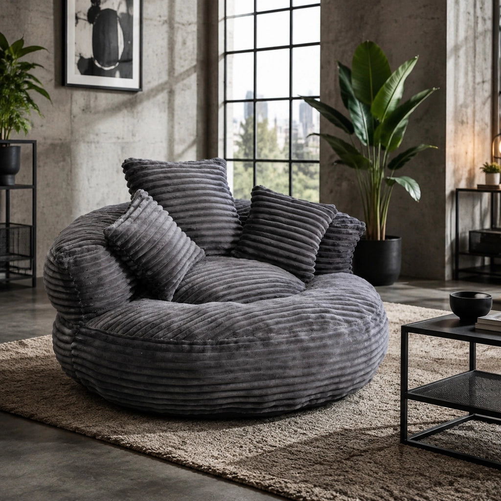 Poltrona sacco in velluto a coste grigio scuro 108x108x52 cm