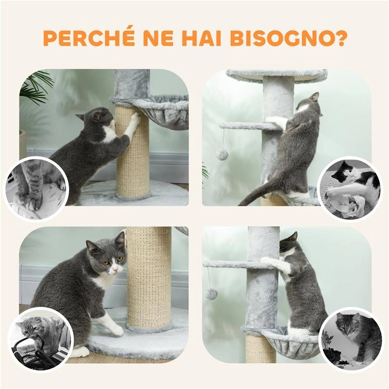 ALBERO TIRAGRAFFI PER GATTI ALTO 103.5 CM CON LETTINO E AMACA, RIVESTIMENTO IN PELUCHE, GRIGIO CHIARO