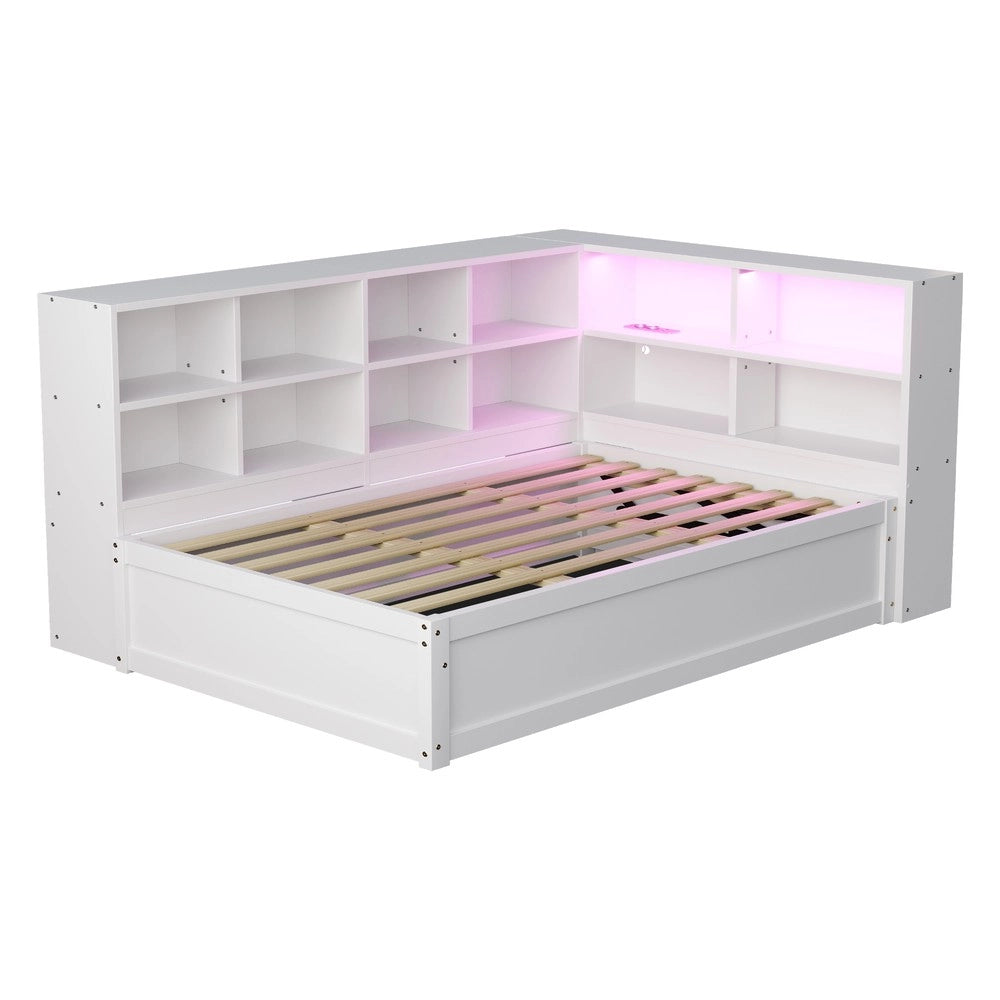 Letto Singolo Multifunzione con Contenitore, LED e Prese ¨C MINIMAL ¨C Legno Massello Bianco 90x200