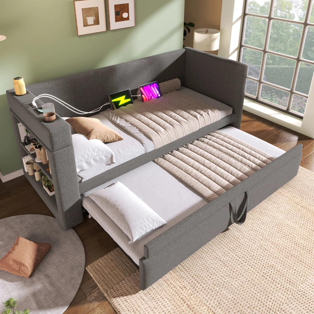 LETTO Divano 90x190 cm con letto estraibile USB Type-C tessuto grigio