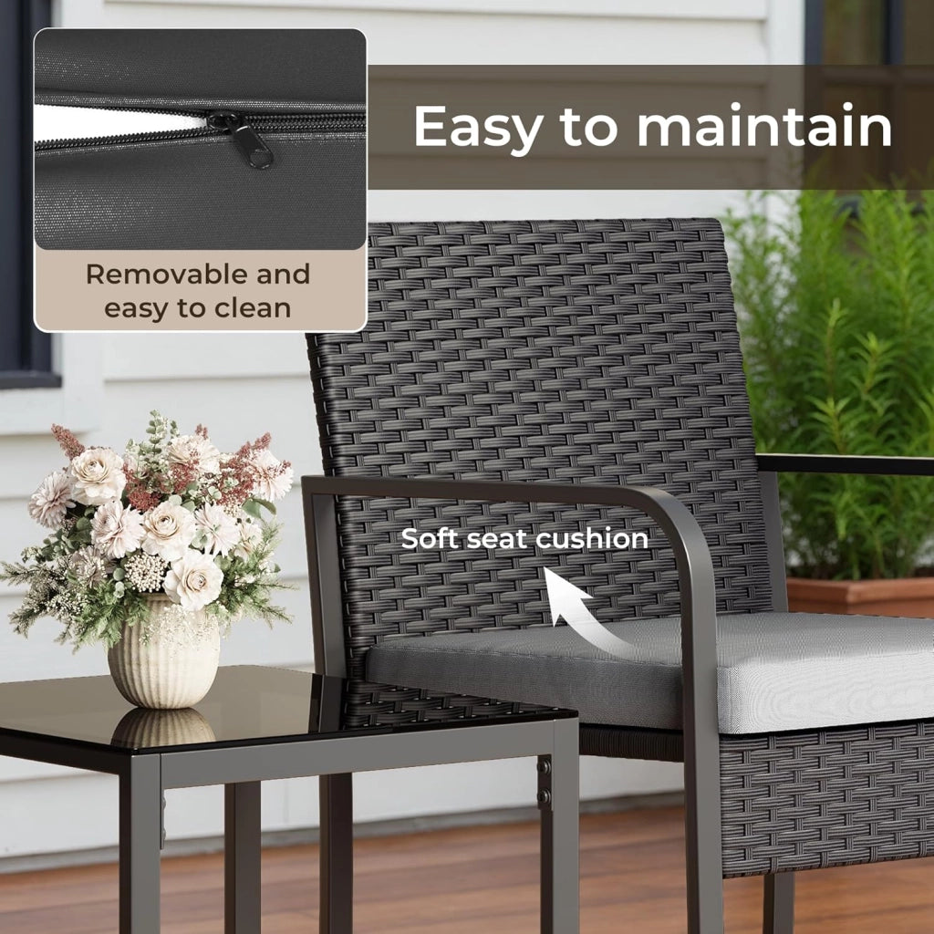 Set Giardino in Rattan per 2 Persone, Mobili da Esterno in Vimini con Cuscini, Tavolino e 2 Sedie per Terrazza, Balcone, Giardino o Piscina (grigio)