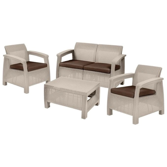 Keter Corfu Lounge Set con Cuscini Poltrone 75x70x79h Divano 128x70x79h Tavolino Aperto 77x57x42h Cappuccino