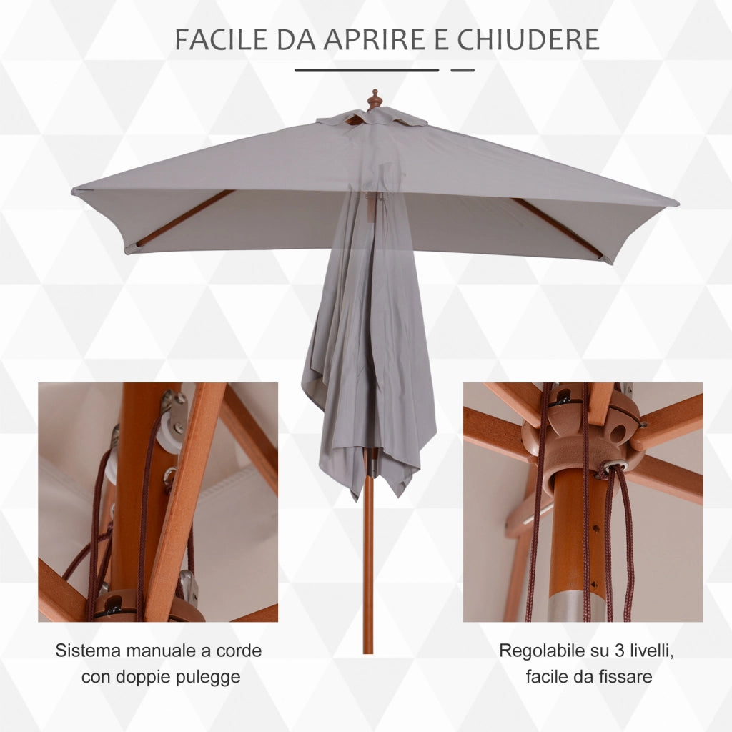 EasyComfort Ombrellone da Giardino Inclinabile 2x1.5 m a 6 Stecche con Palo in Legno di Abete, Grigio