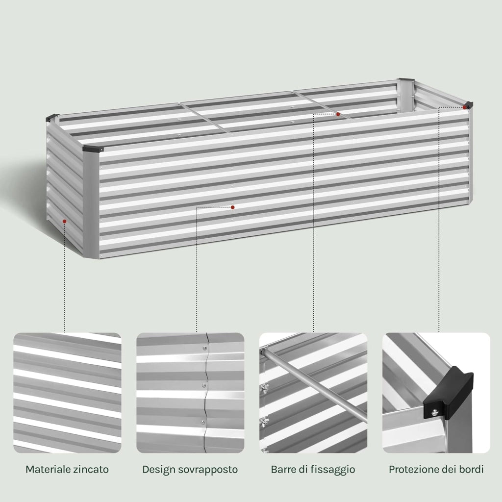 Fioriera rialzata per giardino, balcone, fioriera in robusta lamiera d'acciaio con design robusto, 238 x 56 x 80 cm, argento