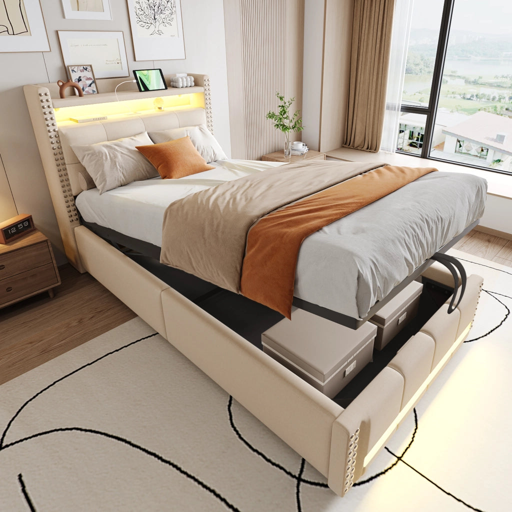 LETTO imbottito singolo 90x200 cm Beige con LED, USB e contenitore