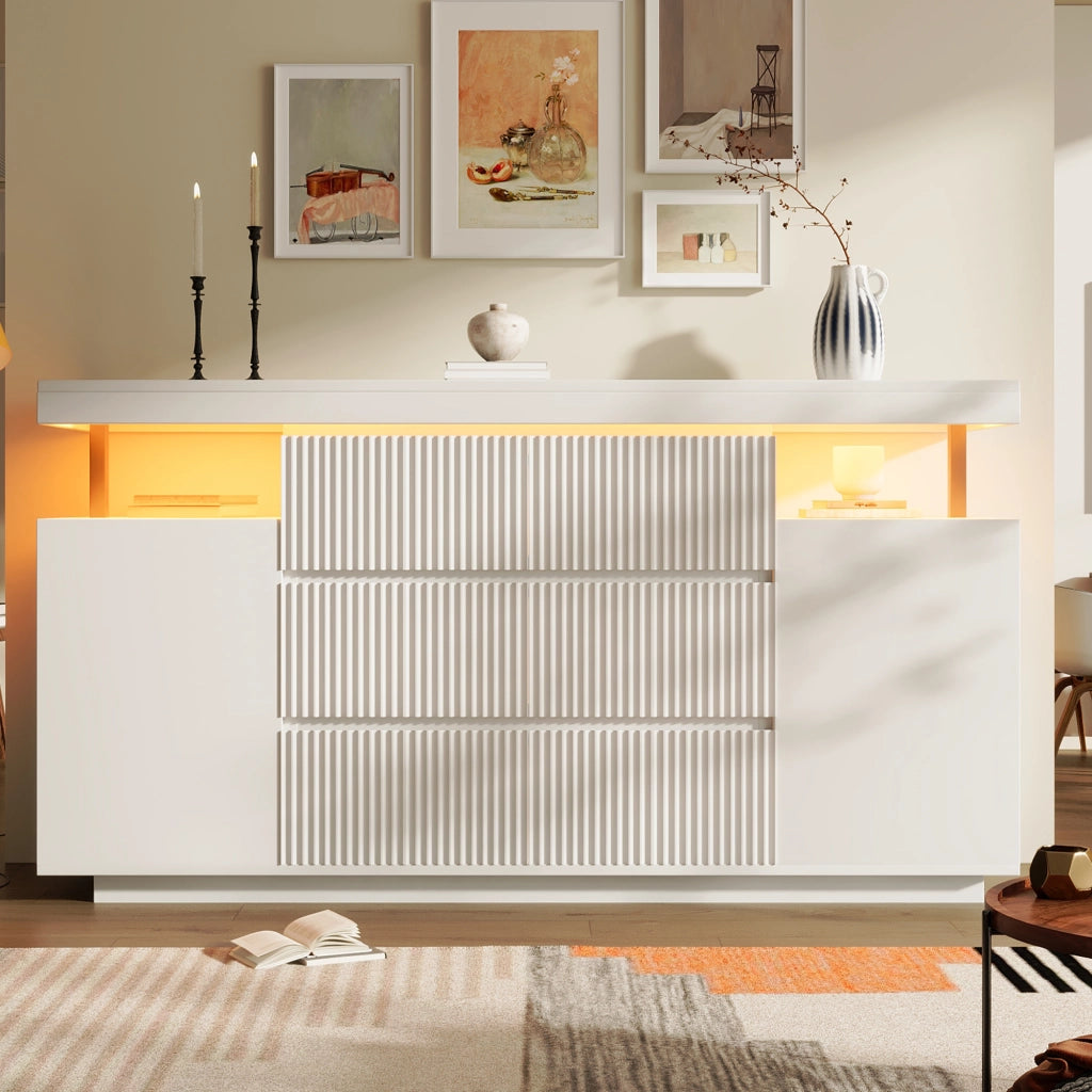 CREDENZA LED 150x40x78 cm Bianca in MDF e Metallo, 6 Cassetti e 2 Ante