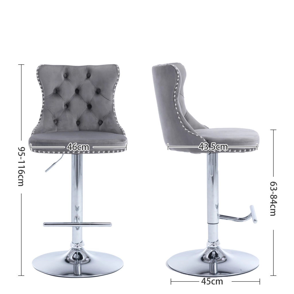 Set di 2 Sgabelli da Bar Regolabili e Girevoli con Schienale; Base Cromata; Velluto Grigio