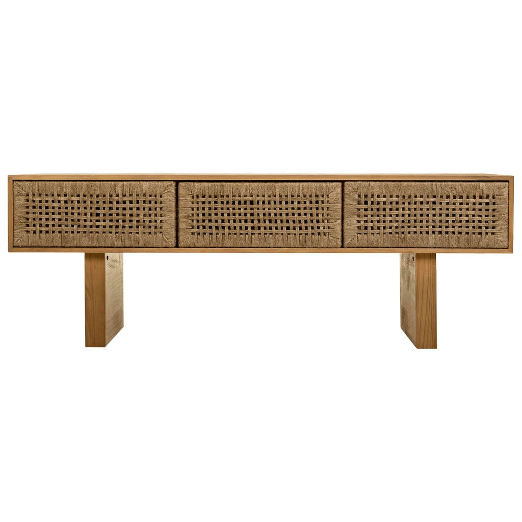 Mobile basso in legno e corda intrecciata marrone 130x36x45h
