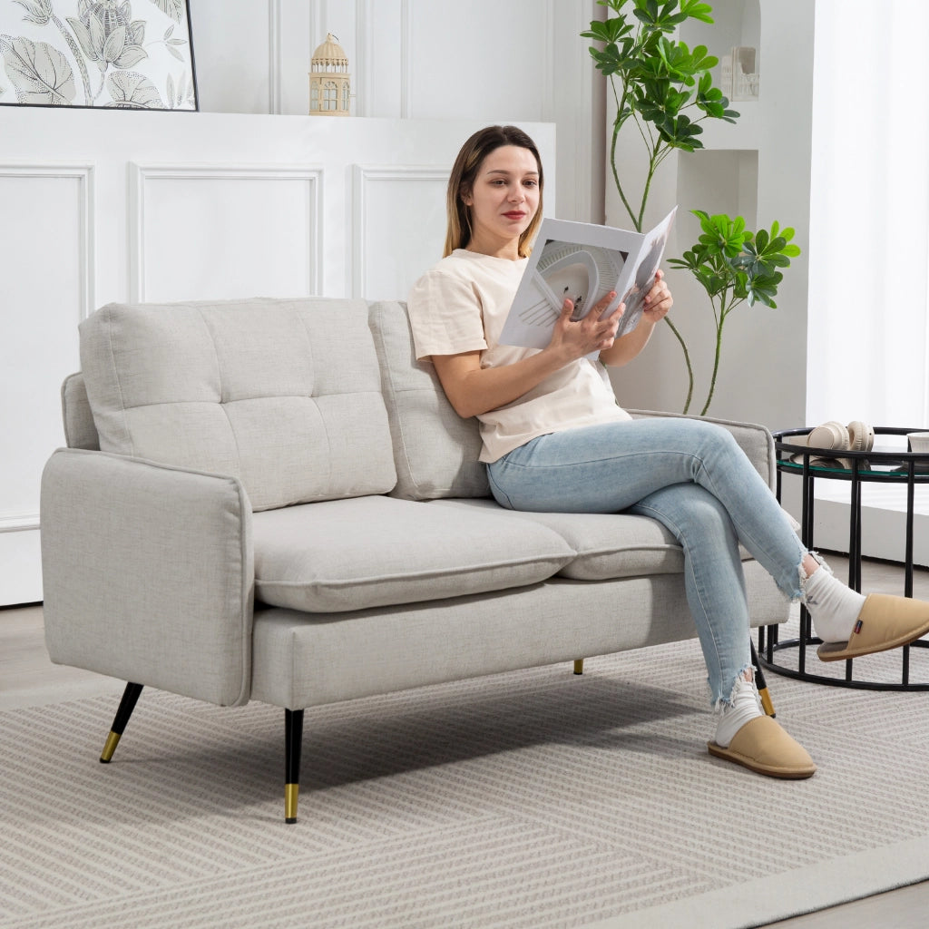 Divano 2 Posti in Tessuto ¨C Zephmum ¨C Bianco Crema, Effetto Lino, Gambe in Acciaio, 139x68x80 cm