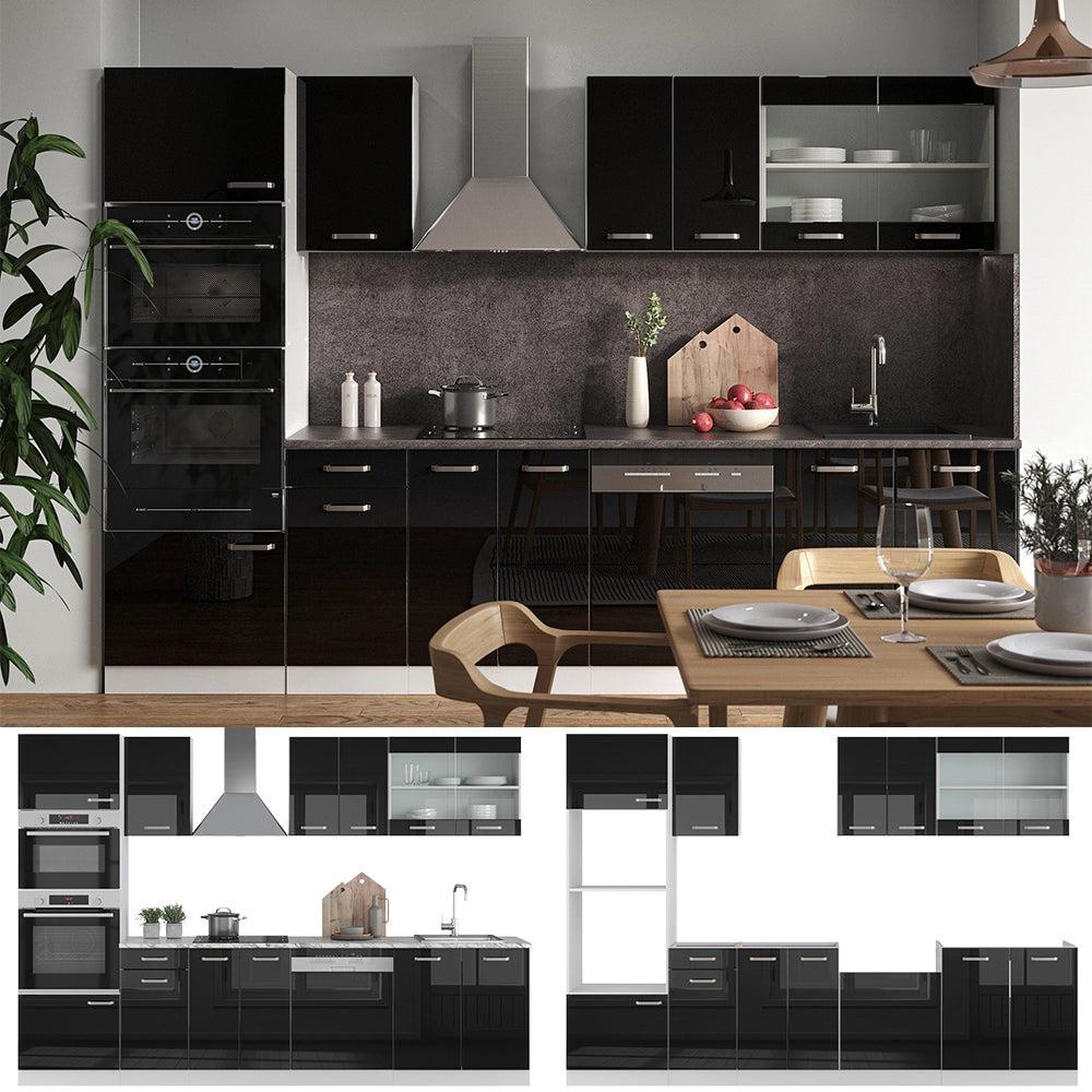 Vicco Cucina componibile Nero lucido/bianco 300 cm con armadio alto, senza piano di lavoro