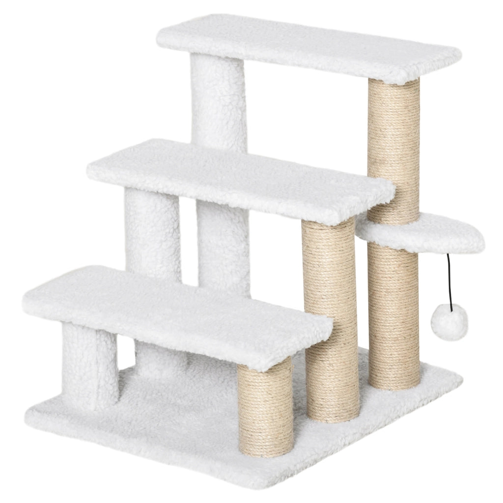 Scaletta per gatti 3 gradini con palo tiragraffi e palla ¨C zephmum ¨C 45x40x48 cm bianco