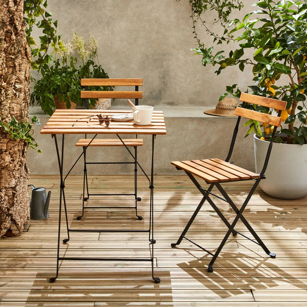 Set tavolo da giardino in legno e metallo con 2 sedie pieghevoli, nero