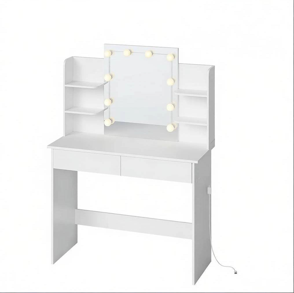 Toeletta 90x40 cm bianca in legno e plastica, specchio LED e 2 cassetti