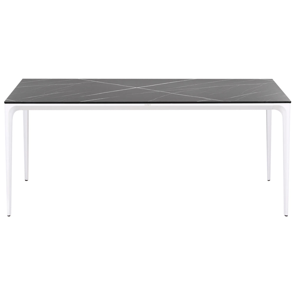 Tavolo da pranzo da giardino Piano in HPL marmo nero Telaio in alluminio bianco Resistente ai raggi UV all'acqua e alla ruggine Stile moderno del patio esterno