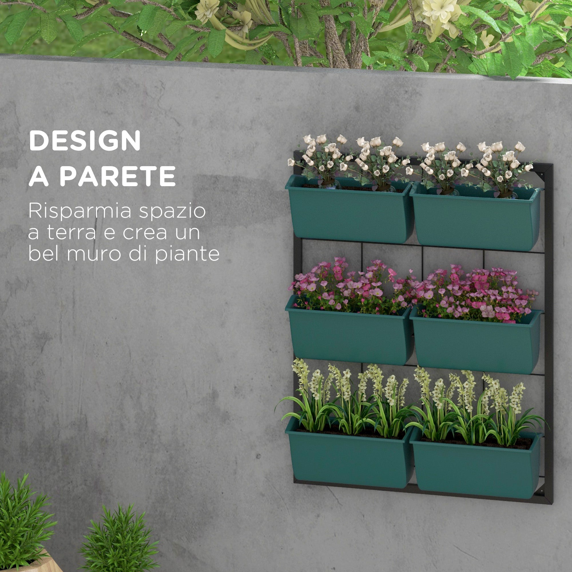 Orto Verticale da Parete a 3 Livelli 52x14x66 cm con 6 Vasi in Acciaio e Plastica Verde