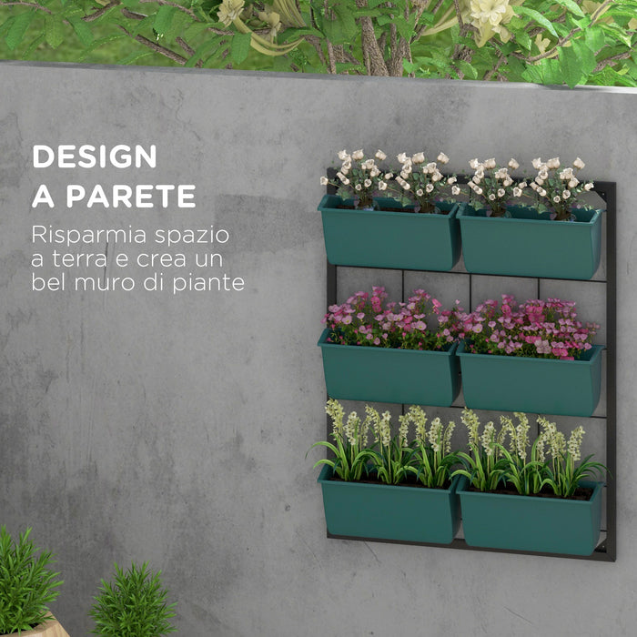 Orto Verticale da Parete a 3 Livelli 52x14x66 cm con 6 Vasi in Acciaio e Plastica Verde