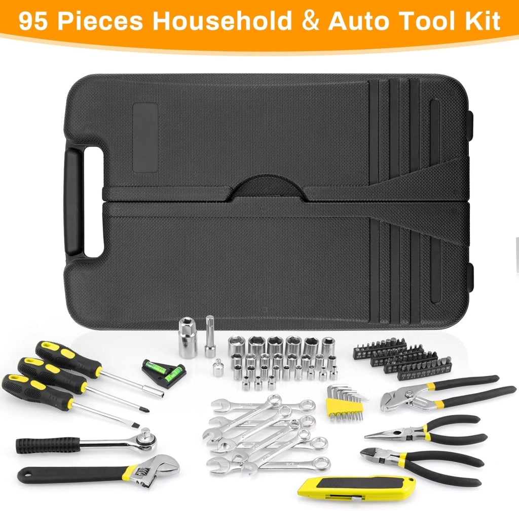 Cassetta degli attrezzi riempita, 95 pezzi, set di chiavi a bussola in robusta valigetta di plastica, set di attrezzi per la casa, auto, riparazione e manutenzione fai da te, per casa, garage