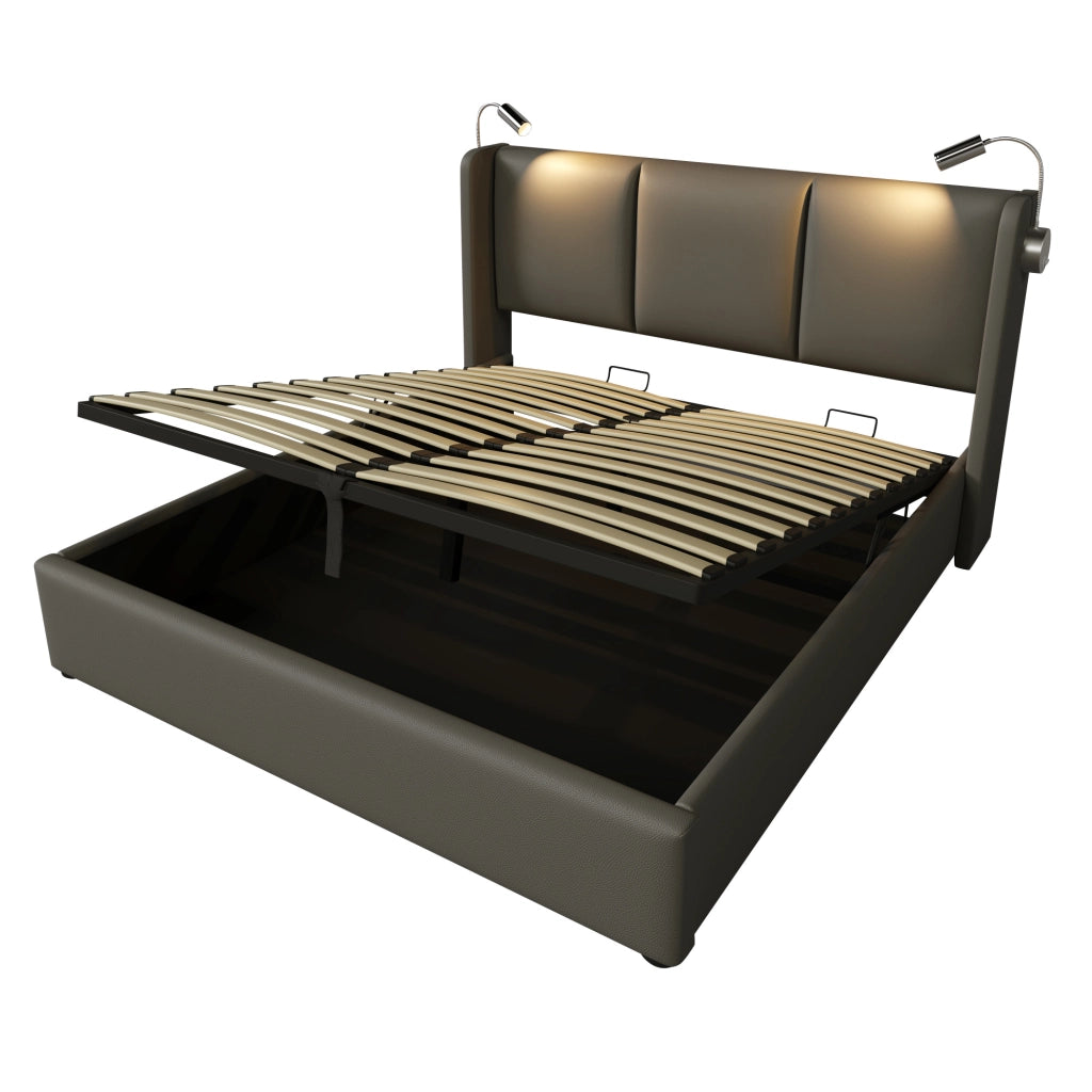 Letti contenitori 140x200 cm; luce da lettura e ricarica USB; PU grigio (Senza materasso)