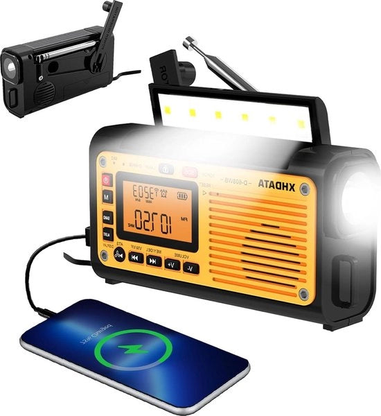 Radio portatile con maniglia radio a batteria 3000 mAh ricaricabile luce di emergenza LED e lampada da lettura allarme SOS ricezione FM-MW-SW trasmissione Bluetooth musica per outdoor e campeggio.