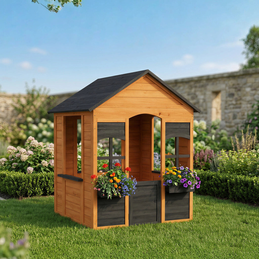 Casetta in Legno Bambini con Vasi Fiori, per Gioco Esterno/Interno, Et¨¤ 3¨C8, Marrone